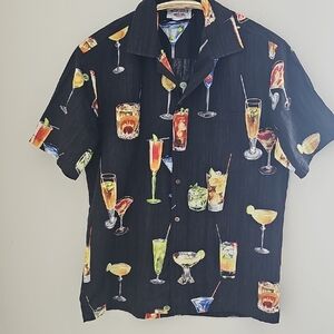 Pacifica Black Short-Sleeve Button-Up with Colorful Cocktail Print